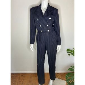 Navy Pinstripe Jumpsuit | Blue and White Onesie | Smart One Piece Outfit